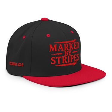 Black and red gospel hat – right front view showing Isaiah 53:5 inspired embroidery